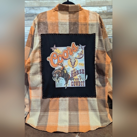 Coors Save A Horse Ride A Cowboy Upcycled Dip Dye Bleach Woven Button Down Shirt - Picture 2 of 15